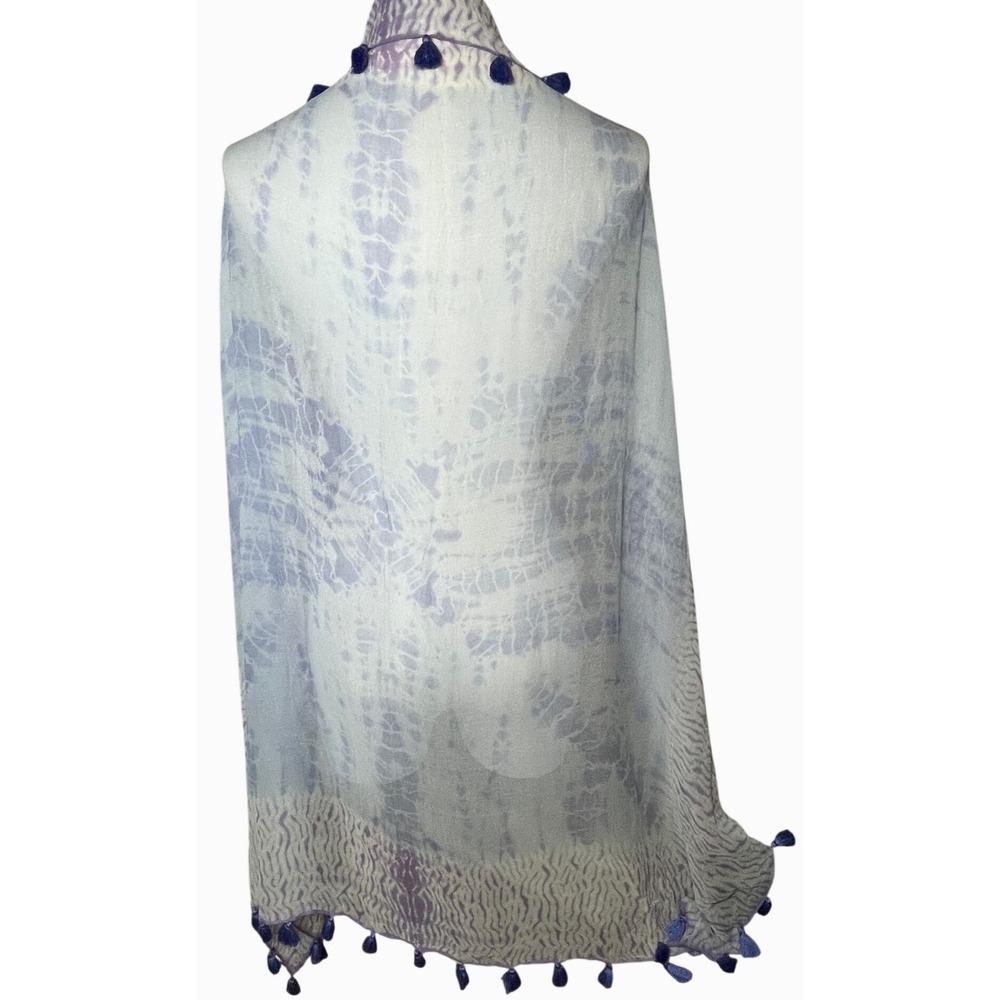 Boho Shibori Tie Dye Tassel Scarf Blue Lavender Lightweight‎ Wrap OS - Picture 8 of 9
